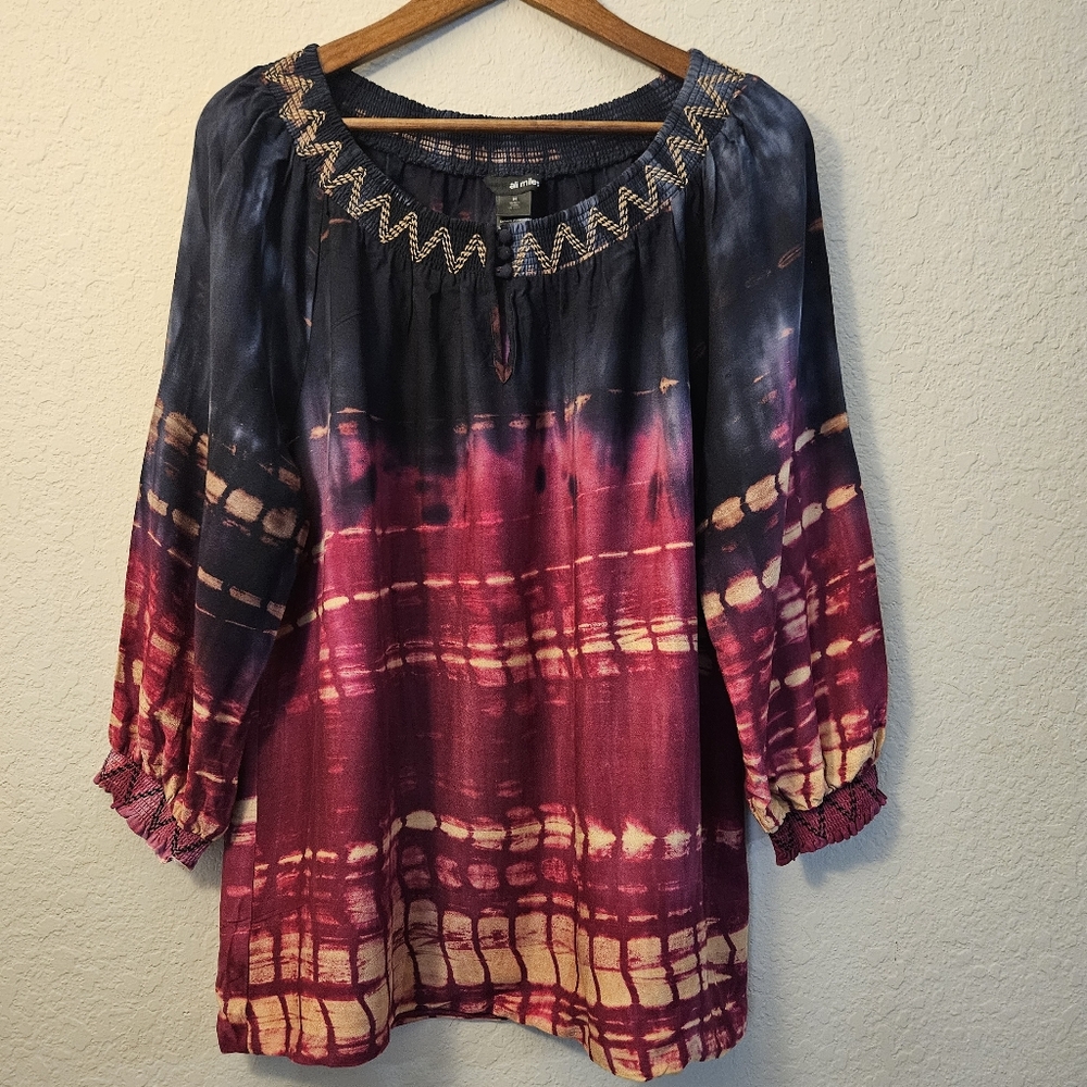 Ali Miles Blouse Womens Size Medium Black Purple Abstract Sunset Scene